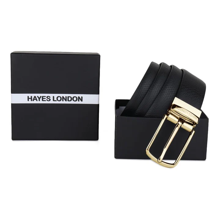 HAYES LONDON Reversible Leather Belt for Men - Gold Buckle