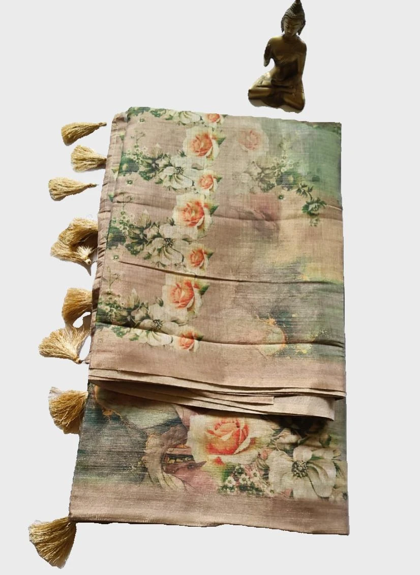 100 % Pure Cotton Tissue Saree |  Beige, light brown, and green, accented with peach and white roses