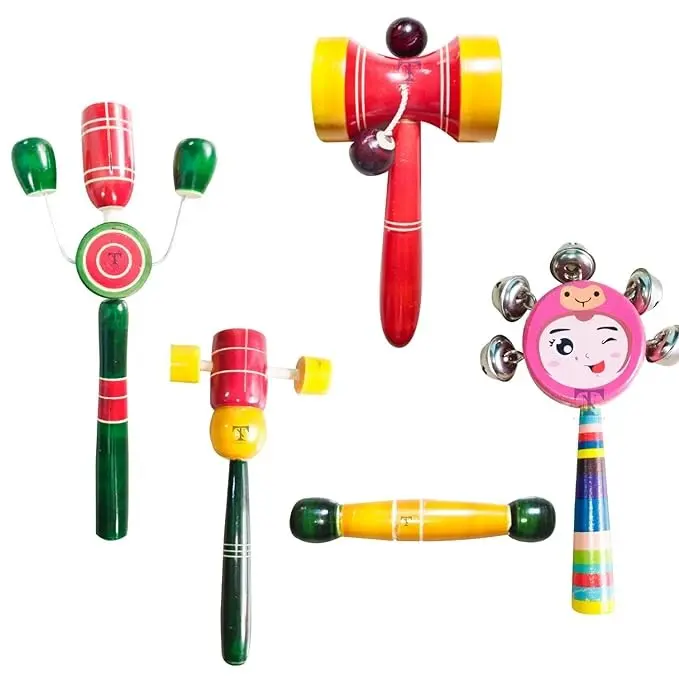 Nimalan's toys Colourful Wooden Baby Rattle Toy - Hand Crafted Rattle Set for Kids - Musical Toy for Newly Born – wooden colorfull rattles with babys teether (pack of 5) Tik Tik, teether (Colour May V