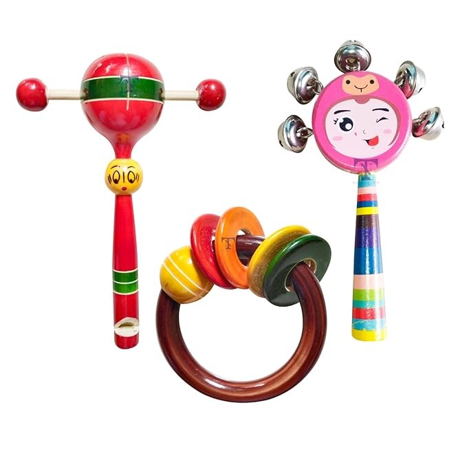 Nimalan's toys Colourful Wooden Baby Rattle Toy - Hand Crafted Rattle Set for Kids - Musical Toy for Newly Born - Wooden Ring Teether for New Born Babies - Baby Teethers(pack of 3)cup tik, face rattle