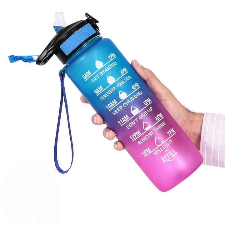 Sporty Sip 32 OZ Motivational Water Bottle with Straw, Strap & Time Marker, Blue-Pink