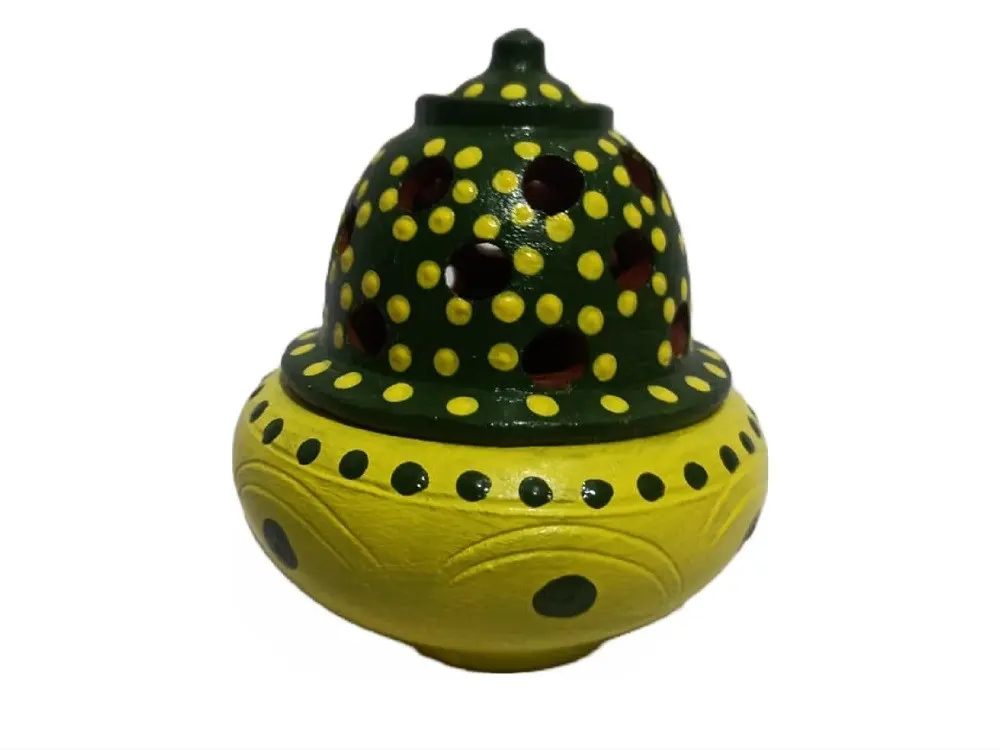 Premium Beautifully Colored Clay Incense Holder/Sambarni Dhoop Stand/Sap Green and Lemon Yellow