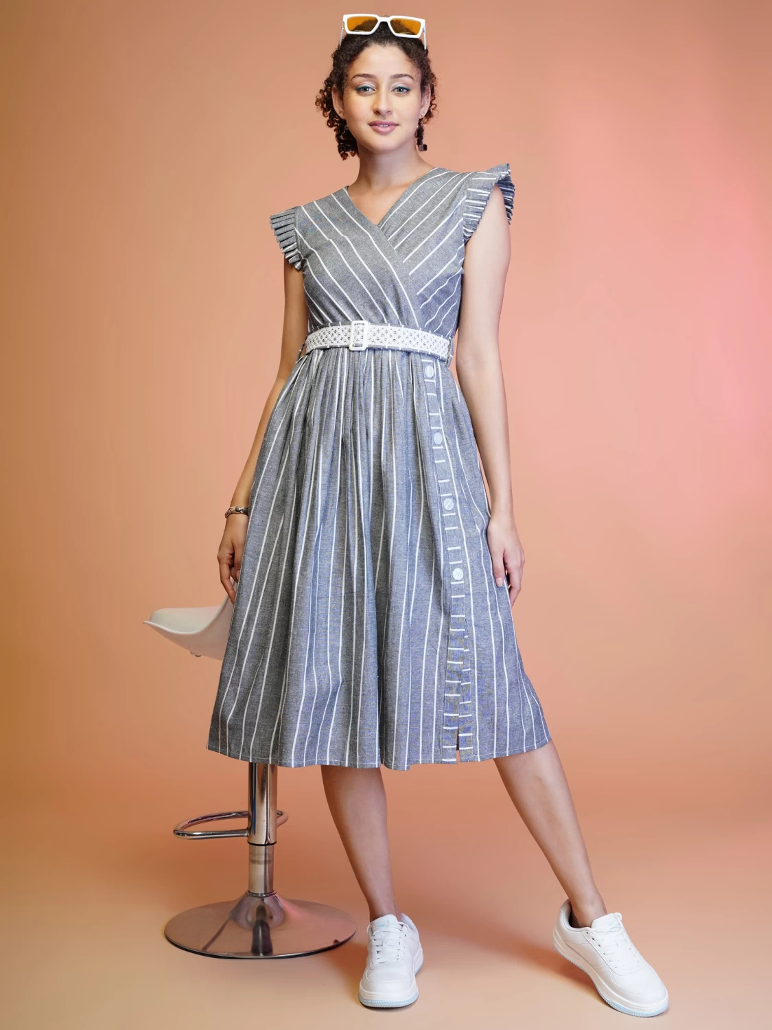 Women's Grey Cotton Striped Embroidered Belt Midi Dress - Casual Everyday Wear, Comfortable Western Dress for Women