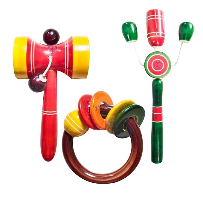 Nimalan's toys Colourful Wooden Baby Rattle Toy - Hand Crafted Rattle Set for Kids - Musical Toy for Newly Born - Wooden Ring Teether for New Born Babies - Baby Teethers(pack of 3)Tik big,dumura, ring