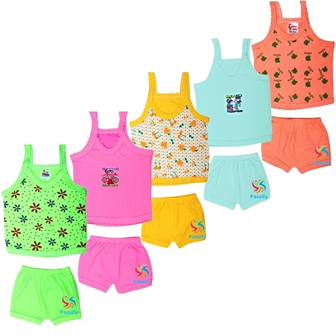 Stylish Trendy New Born Baby Boy and Girl Dress Set - 100% Cotton Hosiery Printed Shirts and Shorts Set for 0-6 Months (Jhablas and Shorts) Multicolor, Multi-design Pack of 5 Pc Dress Set