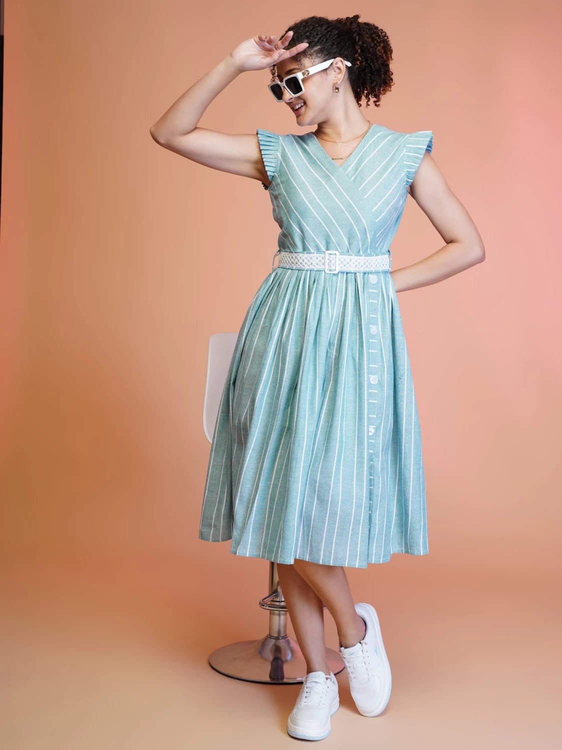 Women's Sea Green Cotton Striped Embroidered Belt Midi Dress - Summer Casual & Elegant Western Dress for Women