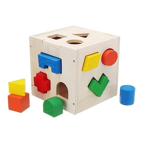 15 Shapes Cube Box - Colorful Shape Sorting Box | Wooden 15 Holes Square Box with Different Shapes and Blocks Sorter Puzzle Multicolored for Boys and Girls