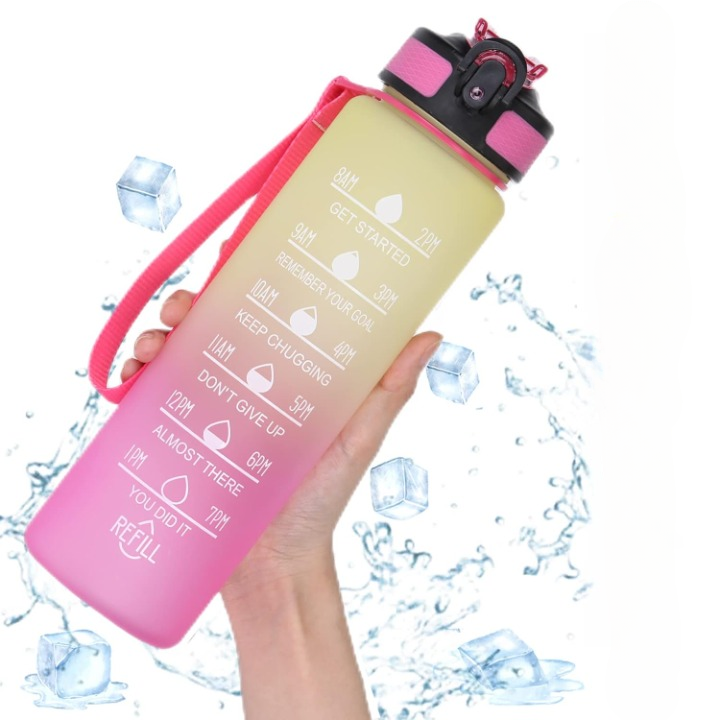 Sporty Sip 32 OZ Motivational Water Bottle with Straw, Strap & Time Marker, Pink-Yellow