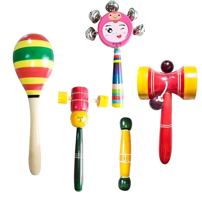 Nimalan's Toys Colourful Wooden Baby Rattle Toy - Hand Crafted Rattle Set for Kids - Musical Toy for Newly Born - Wooden Baby teether(Pack of 5)