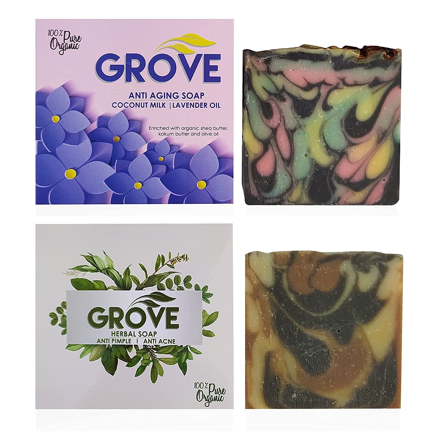 Grove Handmade Soaps Combo - Anti Aging(Vegan) & Herbal