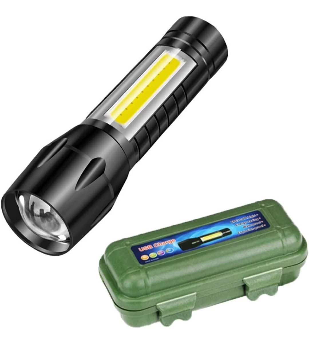 Zoomable XPE+COB Mini USB Rechargeable LED Flashlight Torch, Black with Side COB Light