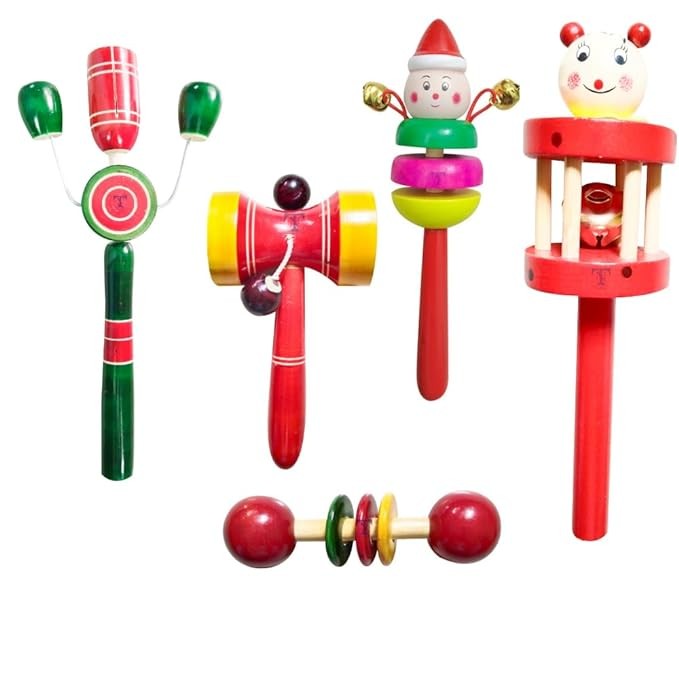 Nimalan's Toys Colourful Wooden Baby Rattle Toy - Hand Crafted Rattle Set for Kids - Musical Toy for Newly Born - Pack of 5 (TIK S, cage, 2bell,dumurga, teether spl)