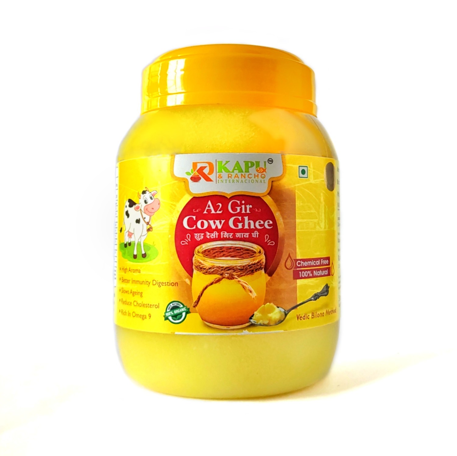 KAPU & RANCHO INTERNACIONAL A2 Premium Gir Cow Cultured Ghee | Vedic Bilona Two Way Hand Churned | Indian Gir Cow Ghee, Pure A2 Gir Cow Ghee, Natural & Healthy – 500ml (500Gm)