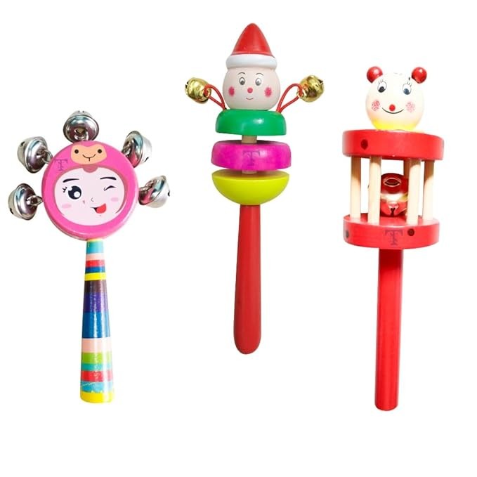 Nimalan's Toys Colourful Wooden Baby Rattle Toy - Hand Crafted Rattle Set for Kids - Musical Toy for Newly Born (Pack of 3) face, cage 2 Bell