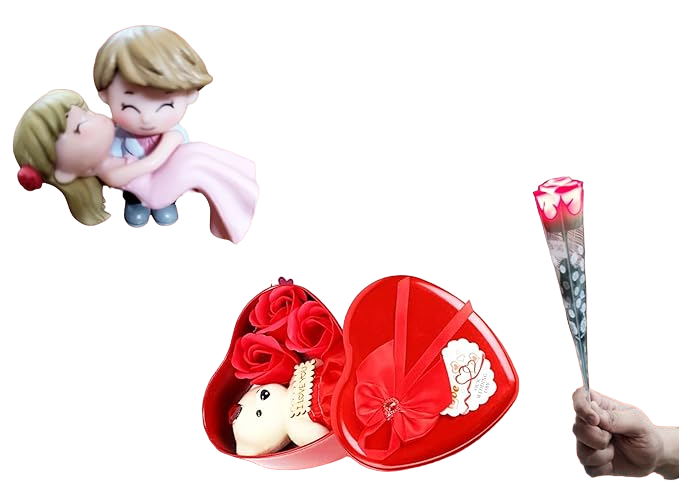 Valentines Gift for Girlfriend, Boyfriend Led Light Rose Love Couple Teddy & 3 Rose Flower in Beautiful Heart Shape Box(3 pices COMBO PACK}