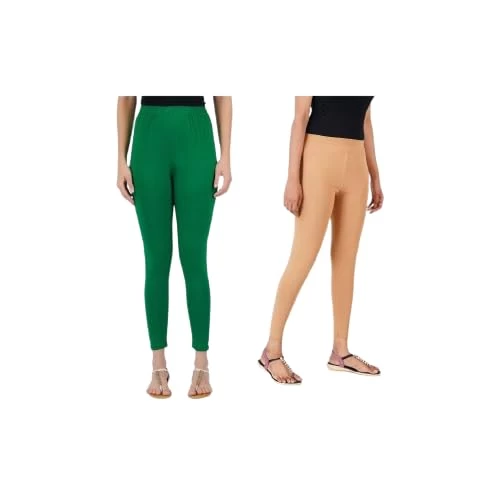 AULIKA Women's Bio-Wash Leggings, Made with 95% Cotton and 5% Spandex for Comfort, Flexibility, and Durability-Pack of 2 | Pakistani Green::Light Skin