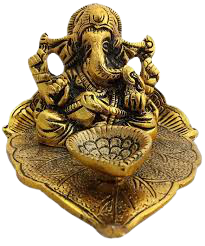 Leaf Ganesha with Diya/ Ganpati Deepam/ WHITE METAL GANESH IDOL 8 CM HEIGHT