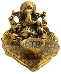 Leaf Ganesha with Diya/ Ganpati Deepam/ WHITE METAL GANESH IDOL 8 CM HEIGHT