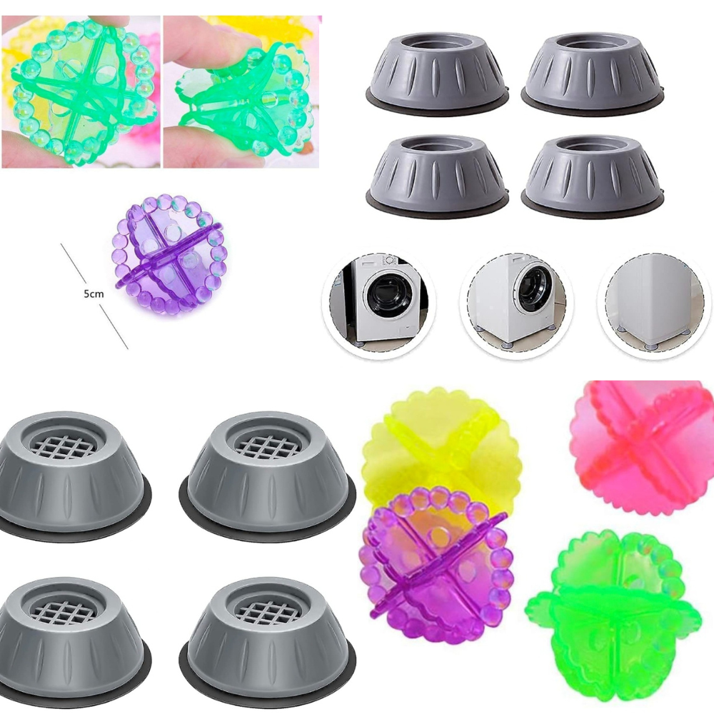 Imoa Traders-Combo of anti vibration pads with suction cup feet and washing machine balls Washing machine leveling feet shock absorber (Pack of 4pcs of Bush and 4pcs of Balls)Reusable