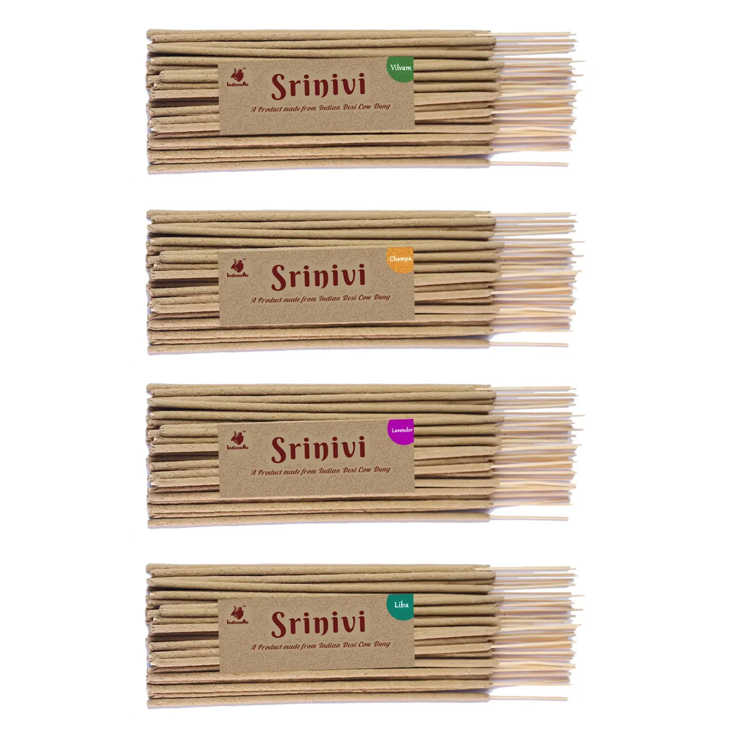 Srinivi Agarbattis - Made up of desi cow dung|Pack of 4|Each pack consists of 35 sticks|Fragrance – Vilvam, Champa, Lavender, Liba.