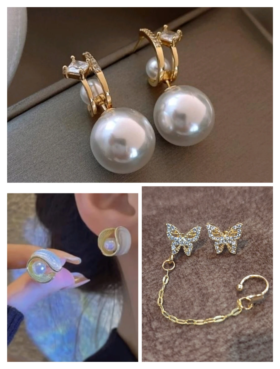Pearl earings, Butterfly earings and stud earings combo