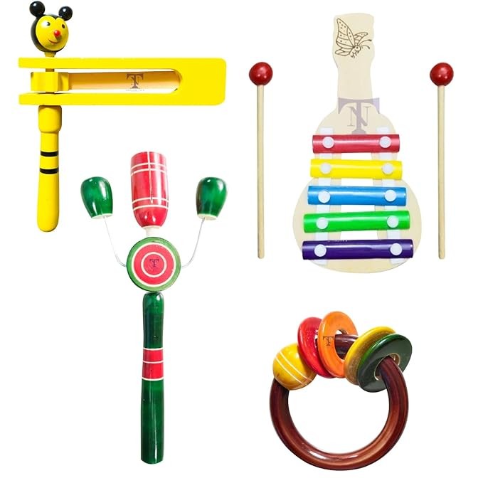 Nimalan's toys Colourful Rattles and Xylophone Toys for Kids - Non-Toxic Attractive Rattle for New Born - Wooden Ring Teether for New Born Babies - Baby Teethers (pack of4) S, tik big, kir kir, ring t
