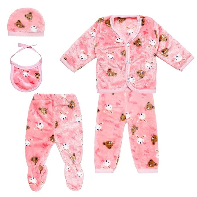 Newborn Baby Boys & Baby Girls Casual Bodysuit 1 Bib, 1 Cap, 2 Pajamas, 1 Upper Woolen Winter Wear Complete Clothes Set of 5 Pieces (Standard 0-3 Months)