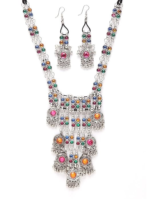Stylish Colors stone Traditional Oxidised Silver Necklace Jewellery Set