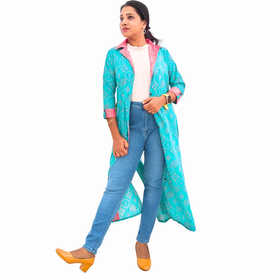 Thrinay collection Women's Cotton Blended Kurti - Women's Stitched Front Open Long Collared Jean Top Shrug Style Kurta Dress Women's Casual Wear Straight Cut Kurti Kurta for Women - Aqua Blue