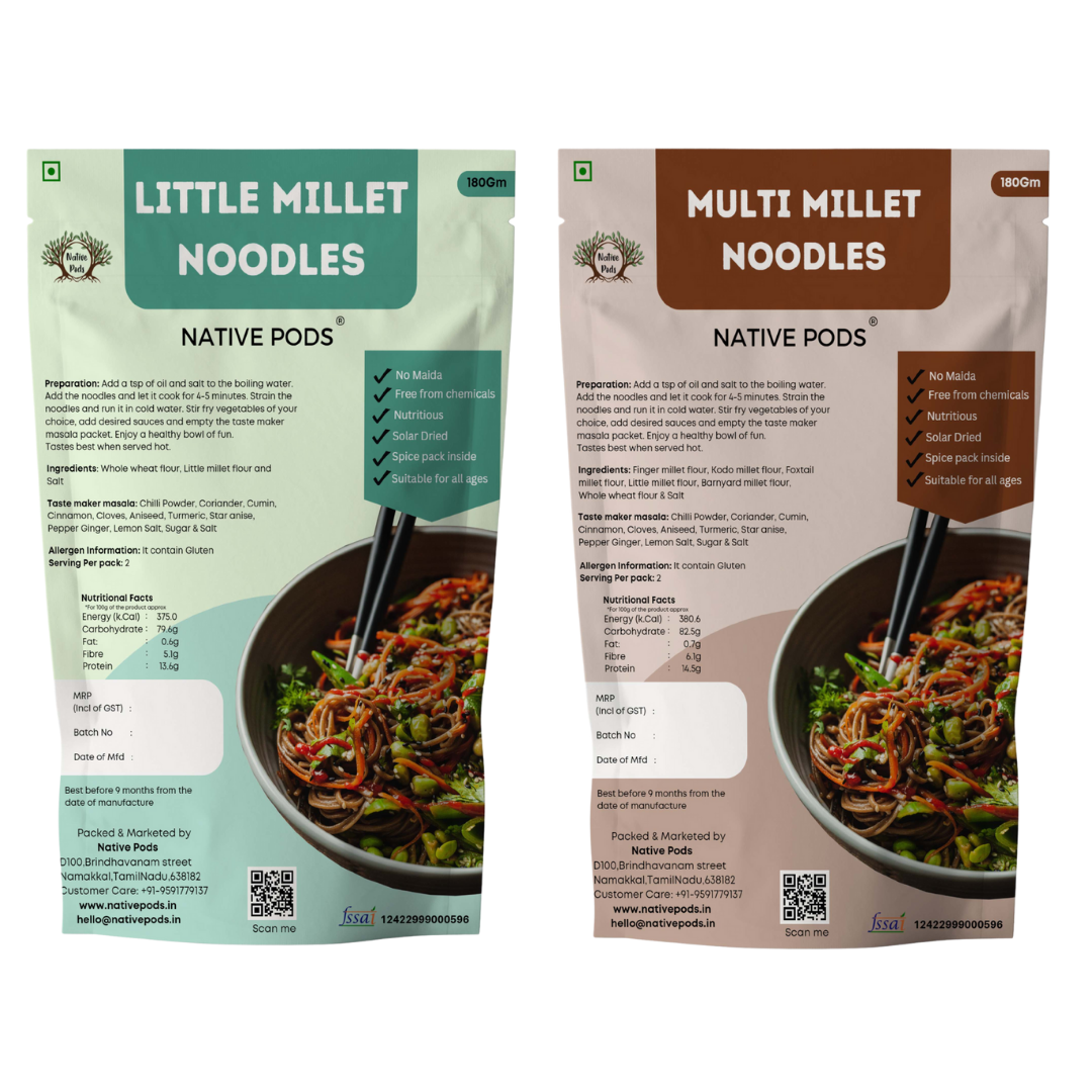 Native Pods Multi & Little Millet Noodles - No Maida,No Preservative -Includes Masala -180Gm (Pack of 2)