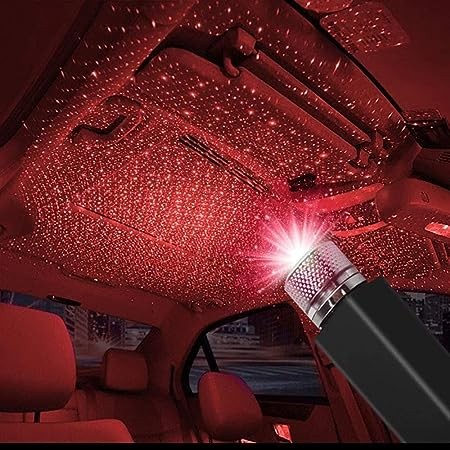 USB Roof Star Projector Lights with 3 Modes, USB Portable adjustable Flexible Interior Car Night Lamp Decor with Romantic Galaxy Atmosphere fit Car Ceiling Bedroom Party (Plug & Play, Red)