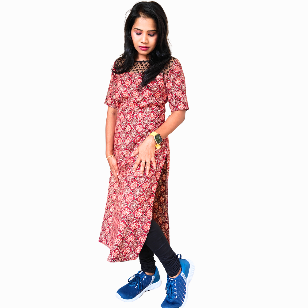 Thrinay Collection Cotton Ajrakh Printed Fancy Netted Transparent Neck Ethnic Straight Cut Regular | Casual Kurti Kurta |Jean Top for Women - Red
