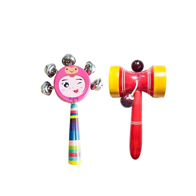 Nimalan's Toys Colourful Wooden Baby Rattle Toy - Hand Crafted Rattle Set for Kids - Musical Toy for Newly Born (Pack of 2) Face, Dumura Rattle