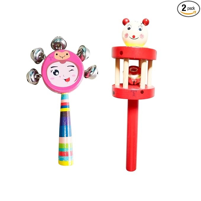 Nimalan's Toys Colourful Wooden Baby Rattle Toy - Hand Crafted Rattle Set for Kids - Musical Toy for Newly Born- Pack of 2(face, cage)