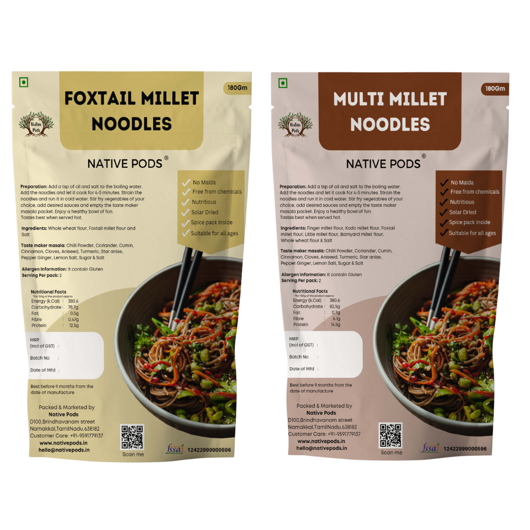 Native Pods Multi & Foxtail Millet Noodles - No Maida,No Preservative -Includes Masala -180Gm (Pack of 2)
