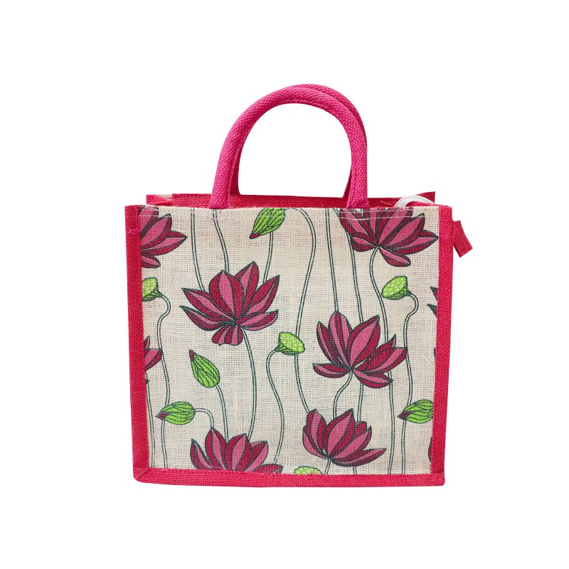 Aalam Vizhudhugal Jute Thambulam, Shopping and Lunch Bag with Zip Closure in Pink with White Colour Lotus Pattern