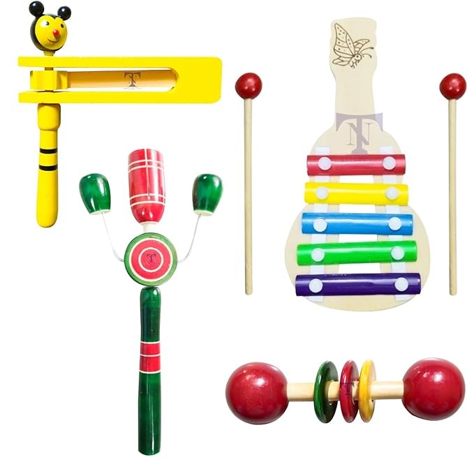 Nimalan's toys Colourful Rattles and Xylophone Toys for Kids - Non-Toxic Attractive Rattle for New Born - Wooden Teether for New Born Babies - Baby Teethers(pack of 4)Tik big,kir kir, xylophone S, tee