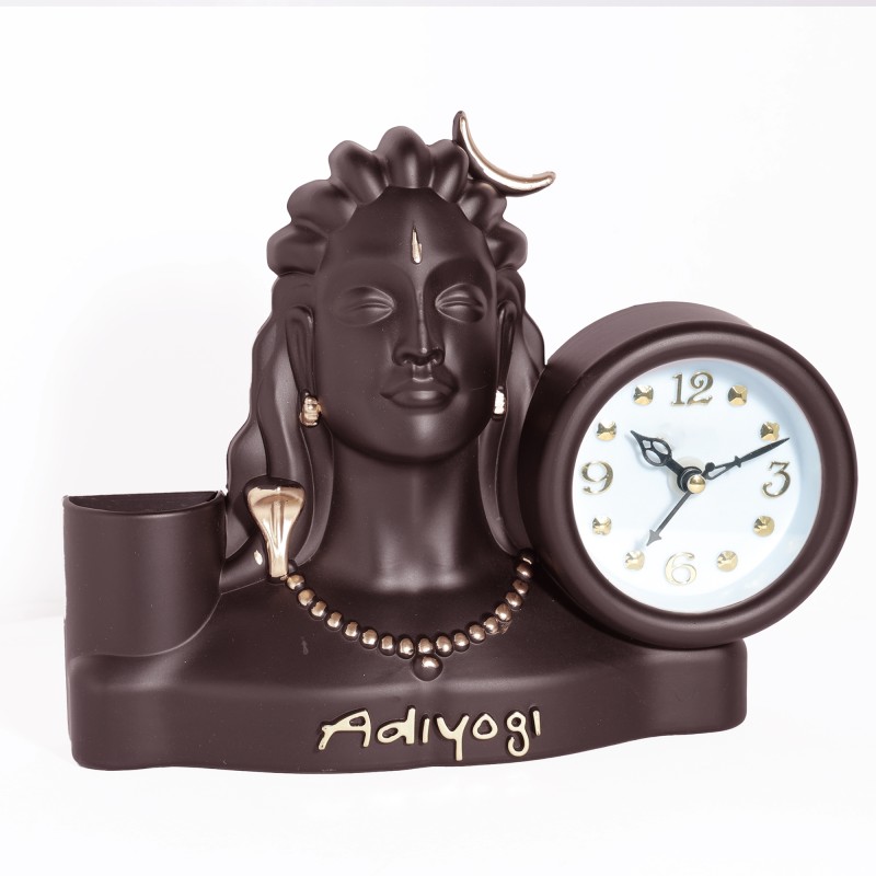 Skarsh Trade Adiyogi Siva Statue with Attached Clock with Pen Stand (Brown Colour)