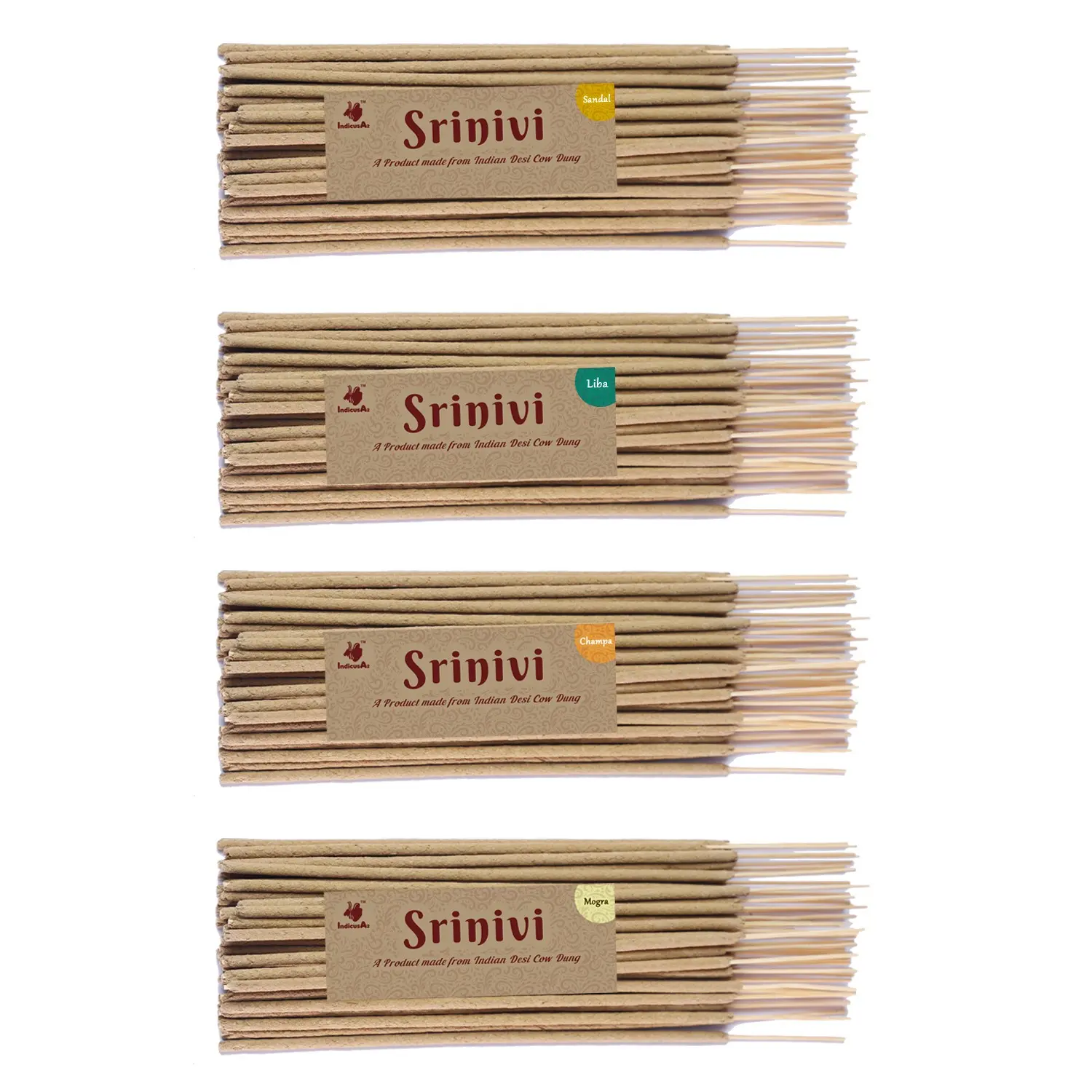 Srinivi Agarbattis - Made up of desi cow dung|Pack of 4|Each pack consists of 35 sticks|Fragrance – Sandal, Liba, Champa, Mogra.