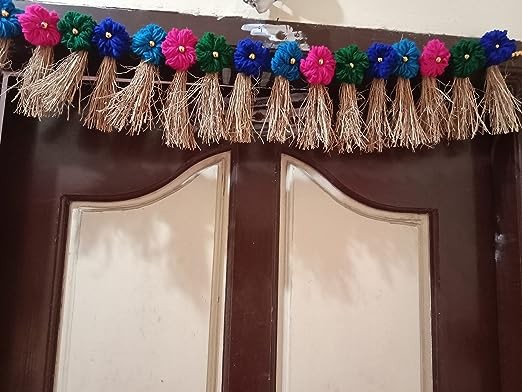NAGARI Vetiver Toran for Entrance 3 feet (Decorative with fine Golden beads and Color Flowers)