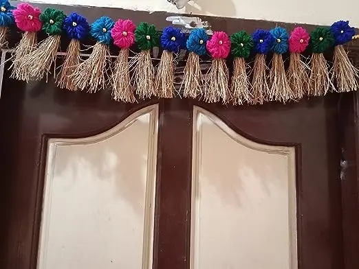 NAGARI Vetiver Toran for Entrance 3 feet (Decorative with fine Golden beads and Color Flowers)