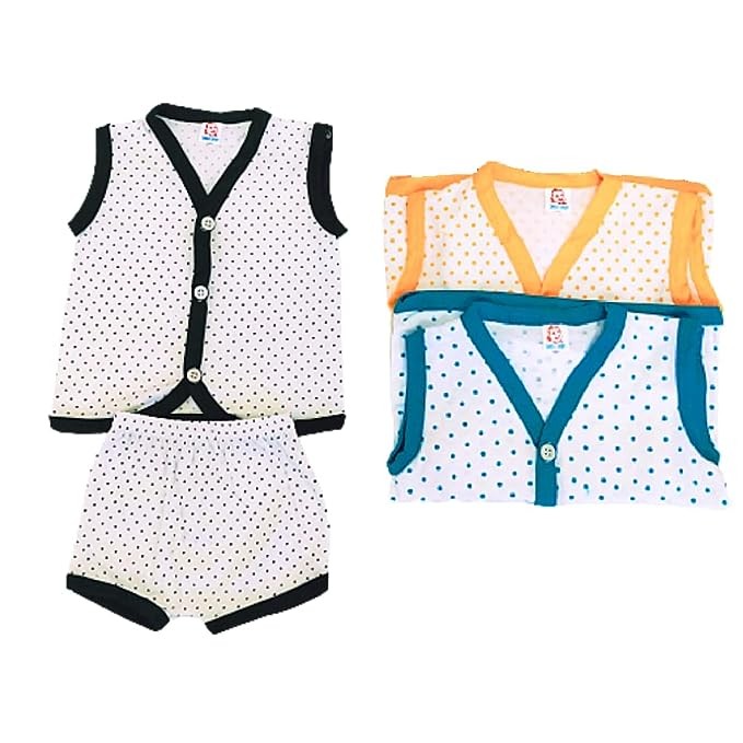 New Born Baby Boy & Girls Stylish Trendy Top/T-Shirt and Shorts White Dot Design Dress set with front button open. Pack of 3pc set (0-6 Months)(Multicolor, Multi-design)