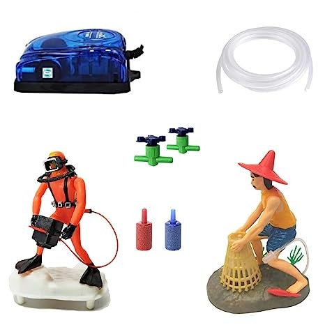 Jenixa Stone Aquarium Accessories Combo Pack - Aquarium Air Pump + Moving Toy Scuba Man+ Basket Man Combo - Aquarium Decor Items - Fish Tank Accessories Combo Pack