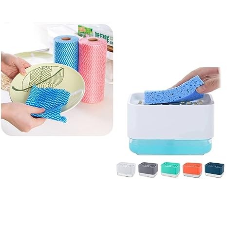 Combo Reusable Towels Kitchen Cleaning Towel with Liquid Soap Dispenser with Sponge Holder for Kitchen Sink, Dish wash Top Sink Dispenser Instant Refill Durable and Rustproof (3 in 1 Soap Dispenser)