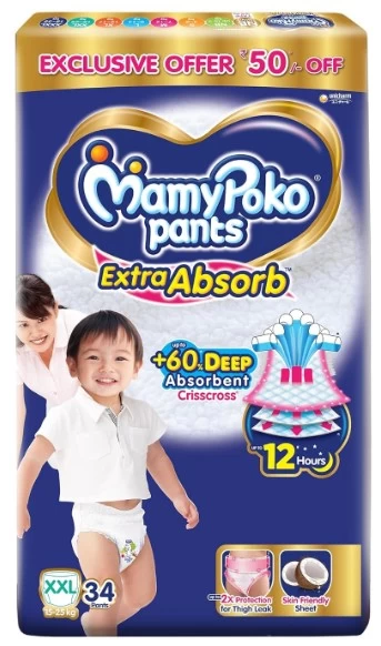 MamyPoko Extra Absorb Diaper Pants For Babies XX-Large (XXL), 34 Count, 15-25kg