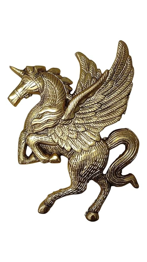 Decorative Metal Flying Horse Wall Hanging, Vintage Style Winged Unicorn Sculpture, Gold Finish