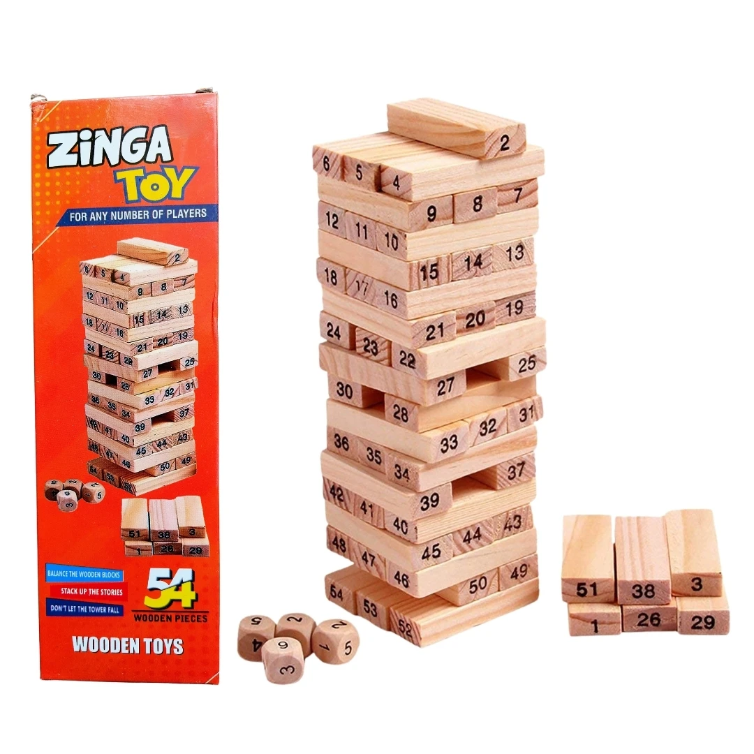 Luvis Grace Wooden Blocks for Kids 54 Pcs 4 Dice Building Blocks Game Challenging Wooden Tumbling Tower, Stacking Toys with Dices Board Educational Puzzle Game for Adults and Kids