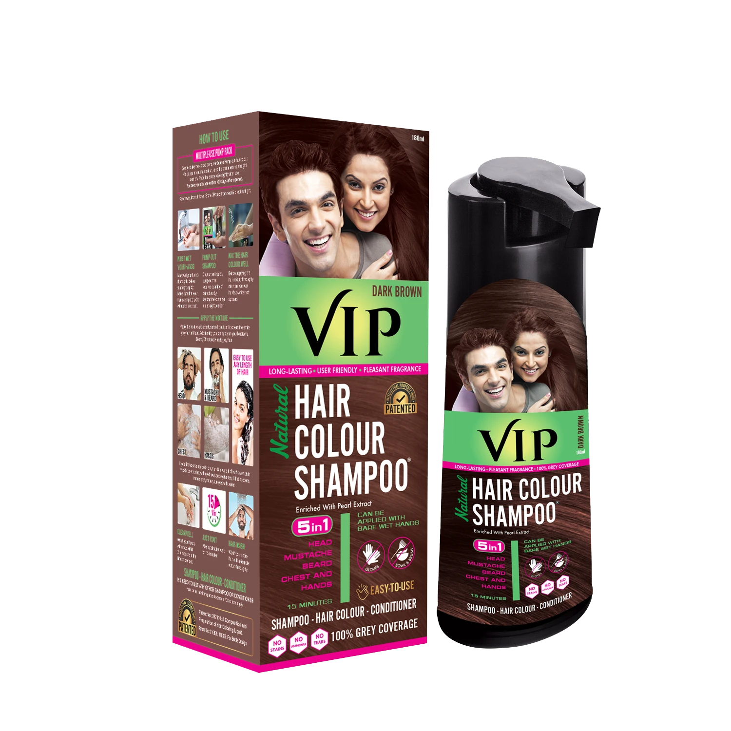 VIP Hair Colour Shampoo Dark Brown, 3-in-1 Formula hair colour+shampoo+conditioner - 180ml