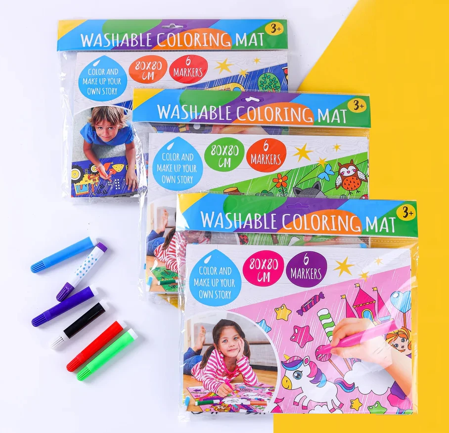 Washable Coloring Drawing Mat-80 X 80 CM with 6 Color Markers for Kids (1 No)
