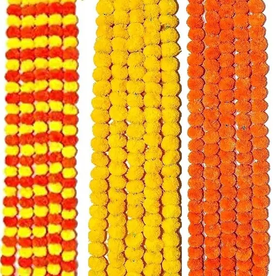 Artificial Marigold Flowers Door Hanging Marigold Mala Artificial Flower Garlands for Decoration (4.5 Ft Each, Pack of 15, 5 Yellow, 5 Orange, 5 Mix), Plastic mix 3 pcs